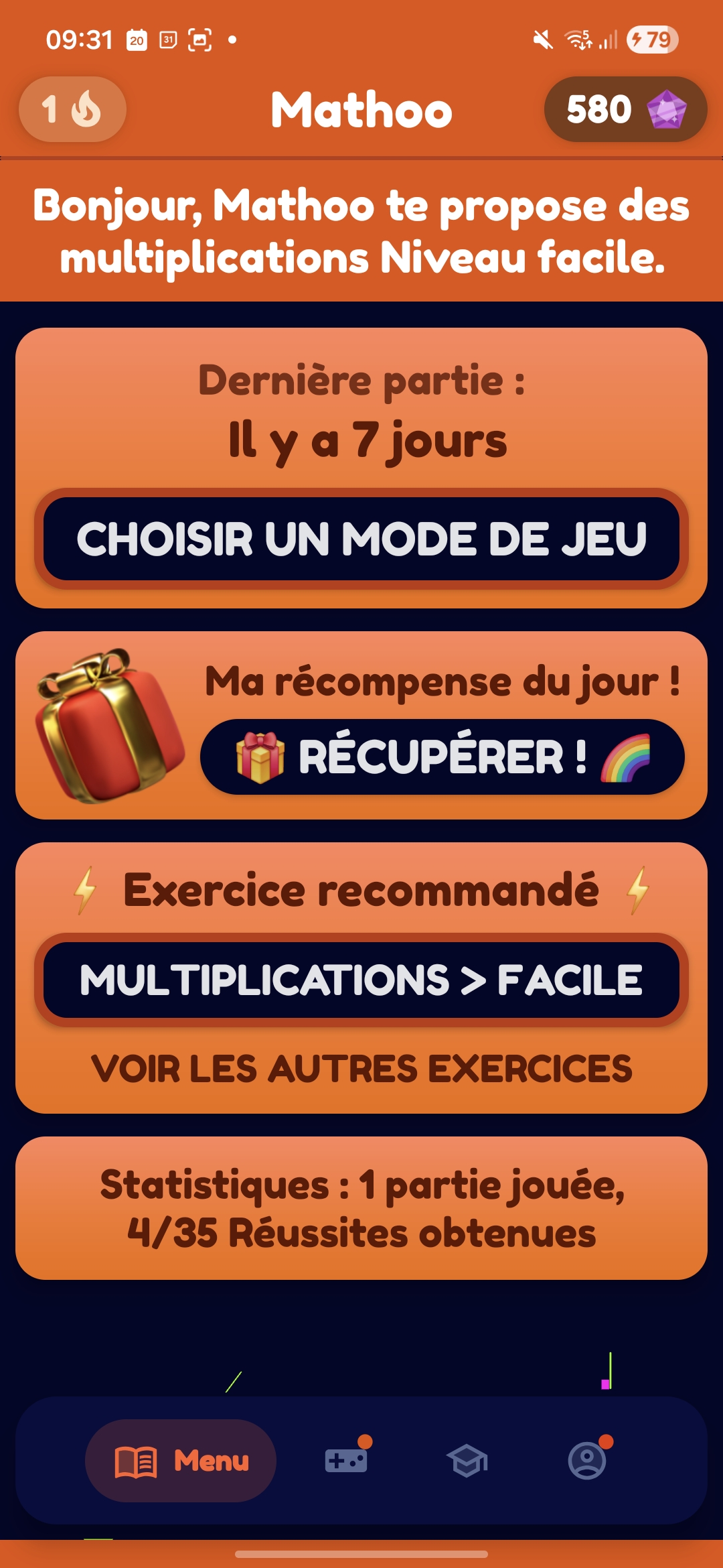 Mathoo home screen with the daily recommendation, reward claim, and progress summary.