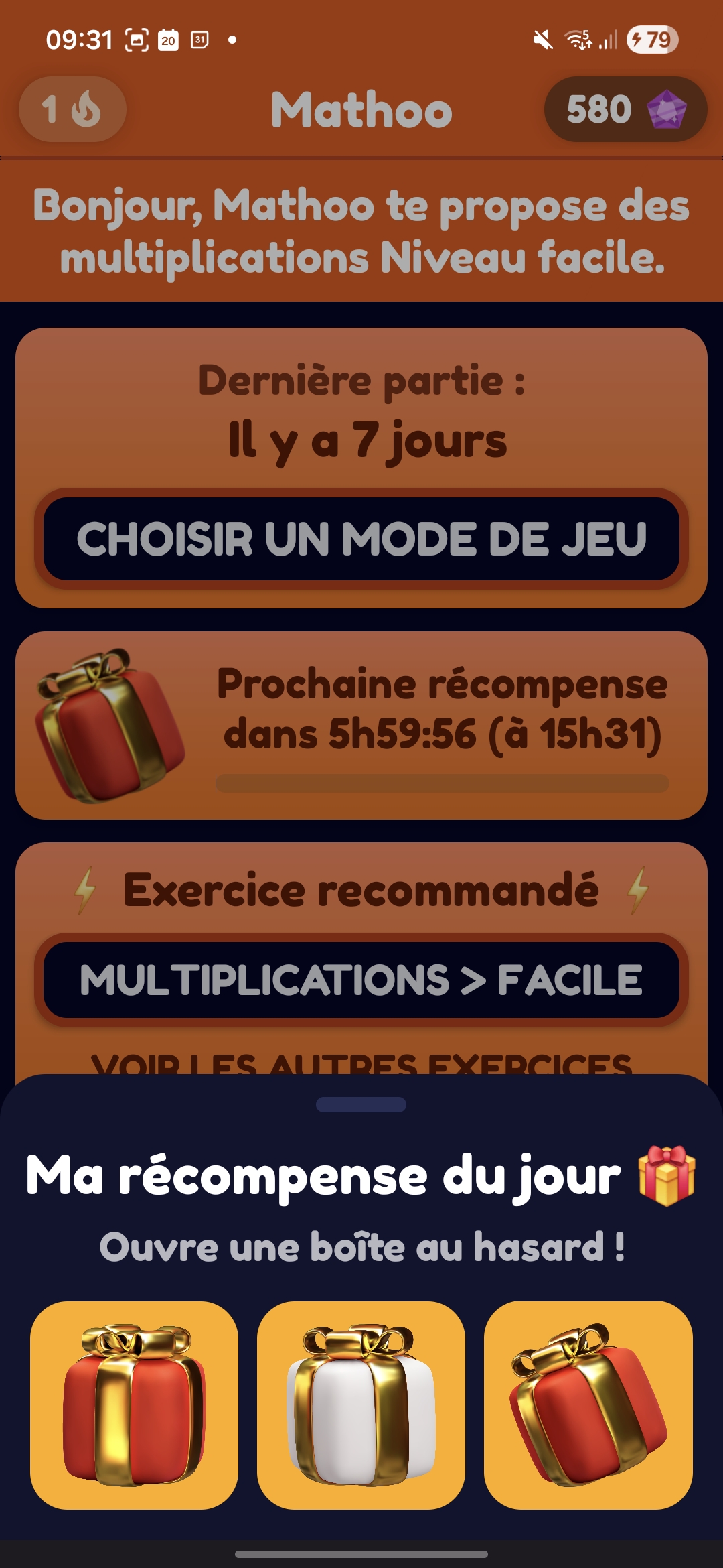 Mathoo home screen showing the daily reward countdown and recommended exercise section.