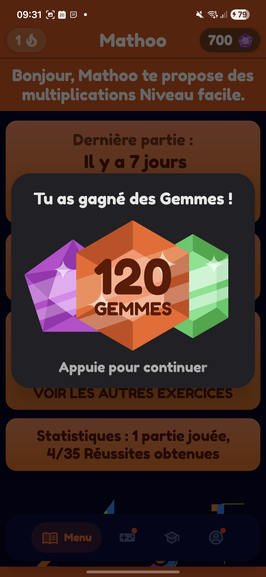 Mathoo reward popup showing gems earned after completing a session.