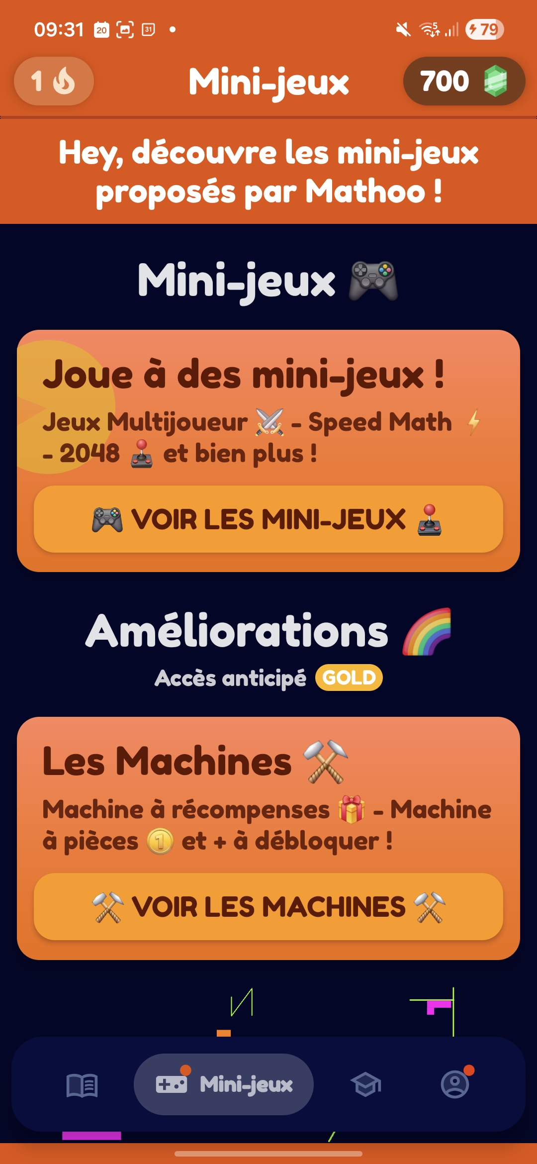 Mathoo mini-games page with multiplayer, speed math, 2048, and upgrade entries.