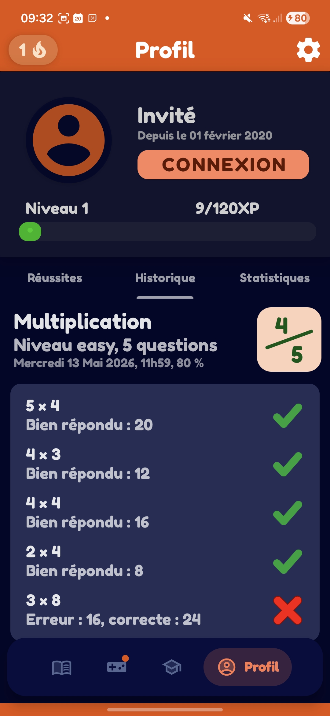 Mathoo achievements and streak screen showing goals like collecting gems and playing many games.